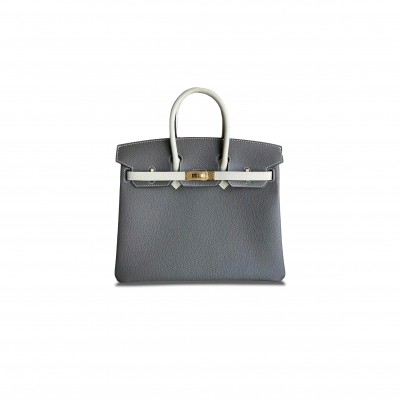 HERMES BIRKIN 30 EPSOM LEATHER ASPHALT GRAY AND CREAM WHITE GOLD BUCKLE H041344CC (30*23*15cm)